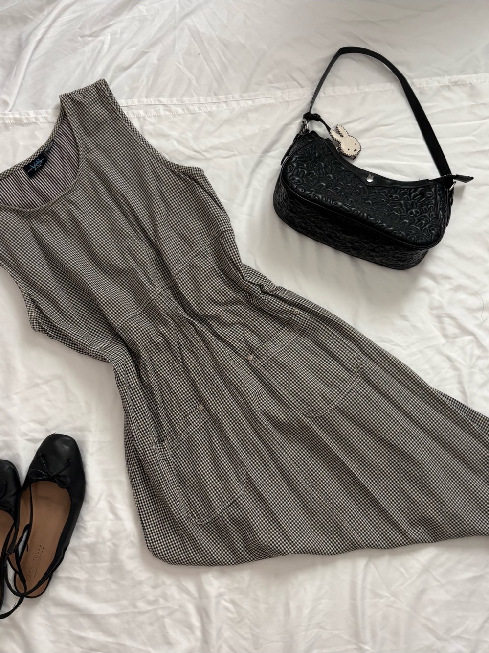 Sleeveless Black-and-White Checked Midi Dress with Gathered Waist